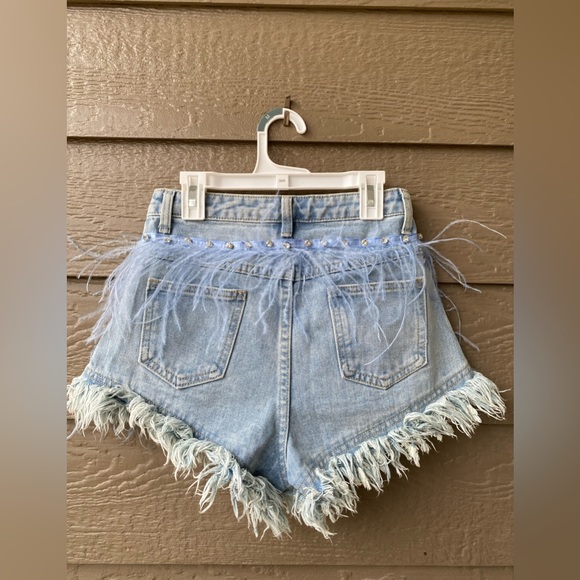 Tassel Inlaid Denim Shorts A-line Shorts Rhinestone Ostrich Feather Frayed - Picture 2 of 15